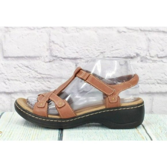 Clarks Shoes - Clarks Hayla Flute  Brown Leather Ankle Strap Wedge Sandals Size 7 M